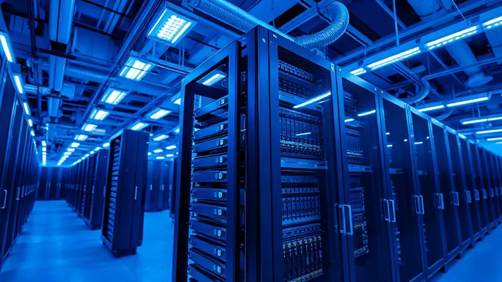 Industrial server rack in a clean data center, blue technica