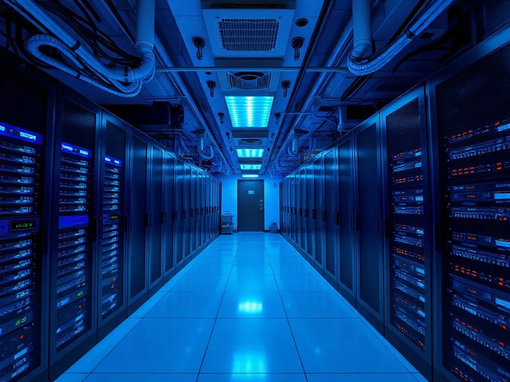 Clean professional high-tech server room with blue lighting,