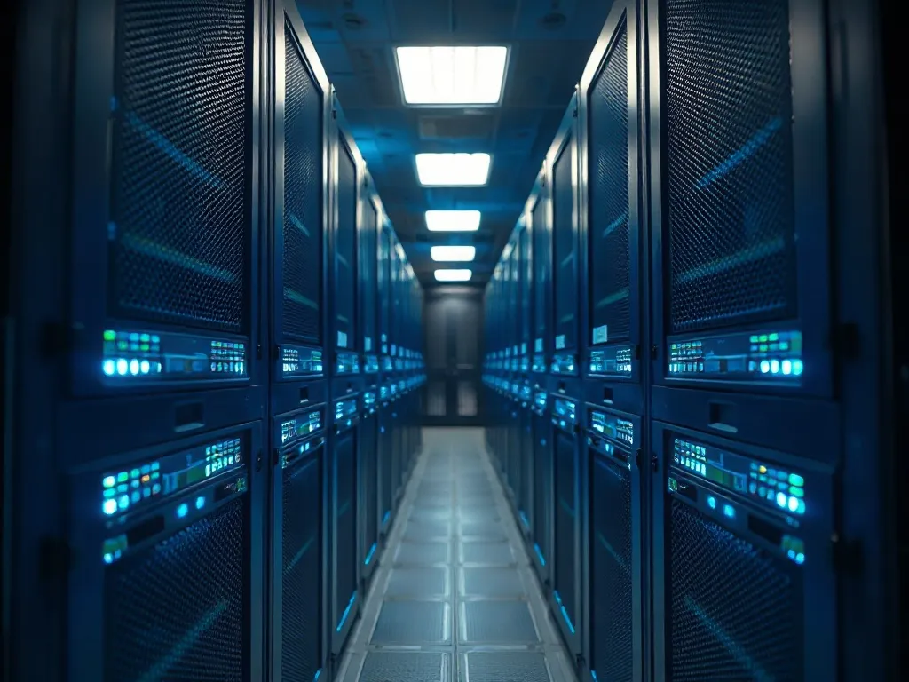 A professional technical close-up of a server rack with blue