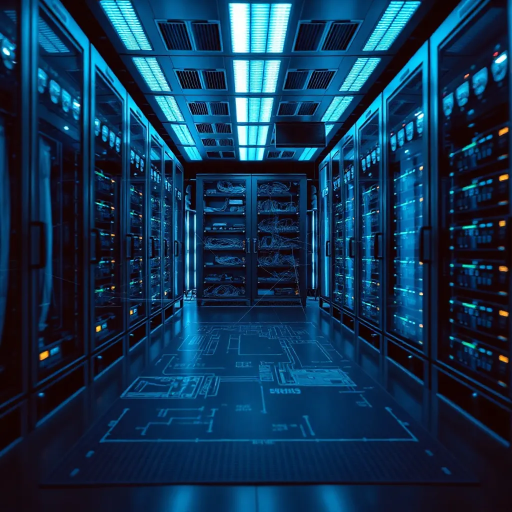 High-tech server room with blue LED lights, technical bluepr